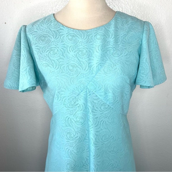 VINTAGE 1970s Maxi Dress Baby Blue Empire Waist Short Sleeve Vtg 70s Long Gown - Picture 2 of 8
